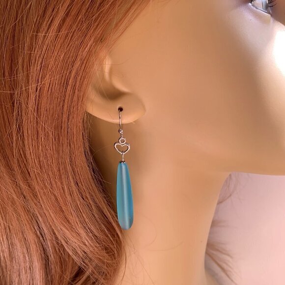 Blue Sea Glass Dangle Earrings with Hearts Womens Girls Beach Jewelry Gifts - Picture 3 of 7